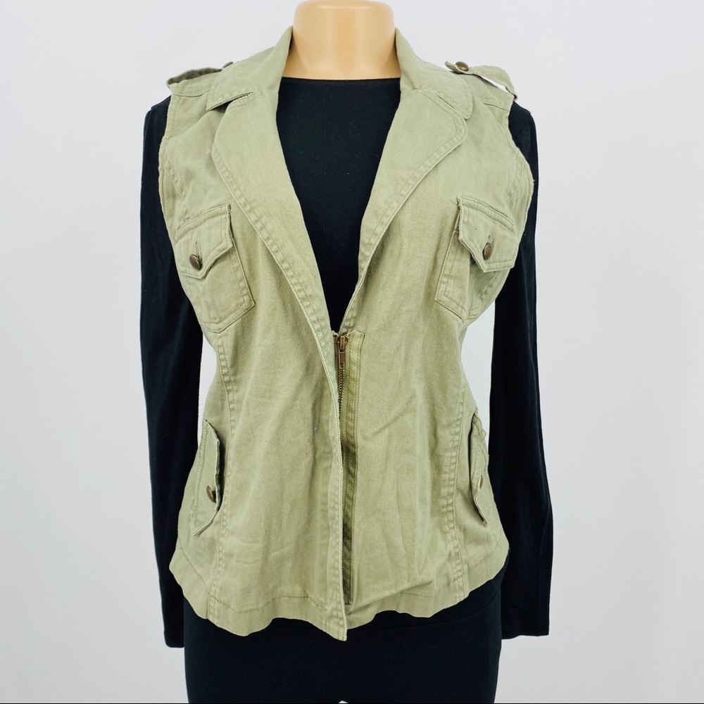 Army Green Denim Zip Vest - Picture 2 of 6